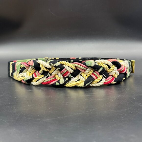 Vintage Braided Belt Floral Black Pink 1980s Adjustable Hook Loop Retro Fabric - Picture 2 of 7